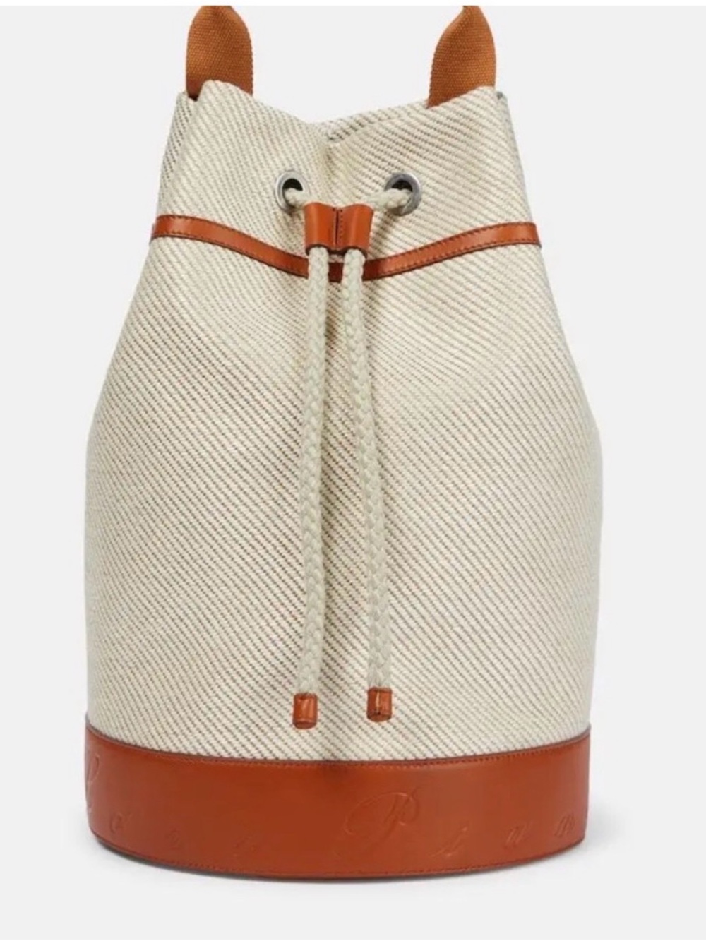 Loro Piana Cream Canvas Bucket Tote with Tan Leather Trim and Canvas Cover Bag - Picture 3 of 14
